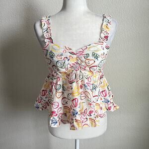 New Aqua Ina Fruit Print Crop Top Women's S White Ruffle Babydoll Sweetheart